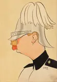 Mihai Tacorian, Caricatura Regelui Carol II în uniforma de ofițer din garda regală, de Mihai Tacorian, 1934, 1934, acuarelă și tuș pe hârtie