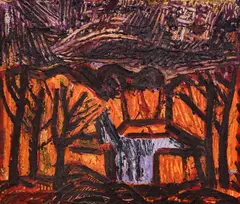 Genko Genkov, Landscape in purple, 1980's, oil on canvas laid on fiberwood