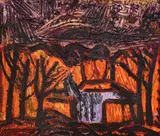 Genko Genkov, Landscape in purple, 1980's, oil on canvas laid on fiberwood