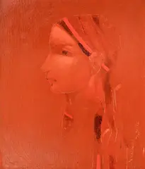 Peter Michev-Pedro, Girl in red, oil on plywood