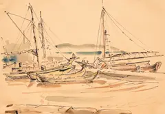 Iliya Petrov, Fishing boats, watercolor and pencil on paper