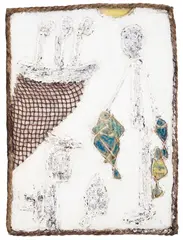 Fishermen by Lika Yanko, 1996, tempera, resin, ink and rope on canvas mounted on wood, sold Mar 2026
