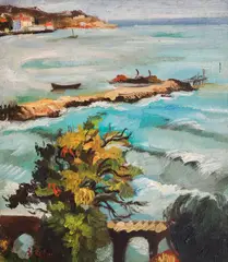 Vera Lukova, By the sea pier, oil on plywood