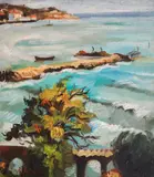 Vera Lukova, By the sea pier, oil on plywood