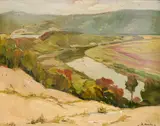 Mario Zhekov, Landscape with a river, 1940's, oil on plywood