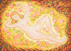 Vasil Valchev, Maiden and roses, 1986, oil on canvas