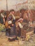 Milcho Angelov, Village market, 1927, oil on plywood