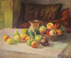 Vasilka Genadieva, Still life with apples and pears, oil on hardboard