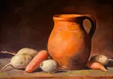 Karl Yordanov, Still life with jug and vegetables, oil on plywood