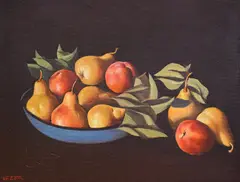 Stoyan Domuschiev, Still life with pears and peaches, oil on hardboard