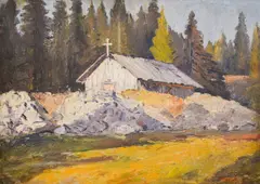 Atanas Mihov, A church in the woods, 1940's, oil on plywood
