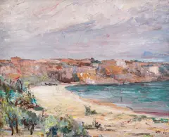 Dimo Nikolov, Beach in Sozopol, 1952, oil on cardboard