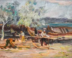 Dimo Nikolov, Fishermen in Sozopol, 1951, oil on canvas laid on cardboard