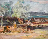 Dimo Nikolov, Fishermen in Sozopol, 1951, oil on canvas laid on cardboard