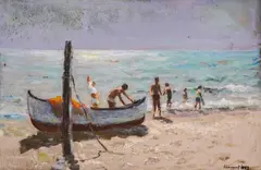 Boat by the shore by Boris Stefchev, 1972, oil on canvas, sold Mar 2026