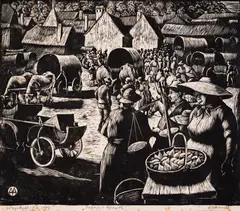 Market in Brașov by Dimitar Draganov, 1948, woodcut, sold Mar 2026