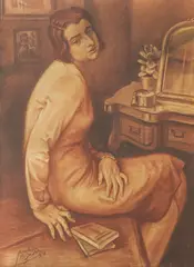 Tomislav Krizman, Lady in Front of a Mirror, 1928., red and brown chalk on paper