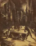 Sergije Glumac, Finishing of the Plate at the Construction Site (Concrete), 1930., charcoal and chalk on paper
