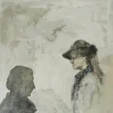 Zlatko Kauzlarić Atač, Passerby with a Blue Bow, 1970., acrylic, paper mache and sand on paper collaged on board