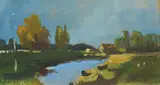 Ljubo Skrnjug, House by the River, 1987., Oil and gouache on cardboard