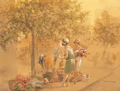 Ignat Bednarik, La promenadă, anii '30, acuarelă, guașă și creion pe hârtie lipită pe carton