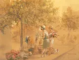 Ignat Bednarik, La promenadă, anii '30, acuarelă, guașă și creion pe hârtie lipită pe carton
