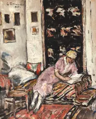 Gheorghe Petrașcu, Lucreția privind gravuri, 1935, ulei pe pânză