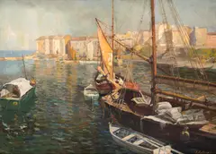 George Catargi, Bărci în portul Constanța, 1945, ulei pe carton