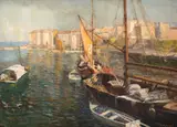 George Catargi, Bărci în portul Constanța, 1945, ulei pe carton