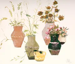 Constantin Piliuță, Vase cu flori, 1993, tempera pe hârtie lipită pe carton