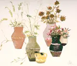 Constantin Piliuță, Vase cu flori, 1993, tempera pe hârtie lipită pe carton