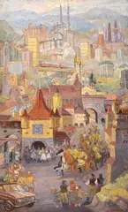 Carol Hübner, Trecut, prezent și viitor (în orașul Brașov), 1974, ulei pe pânză