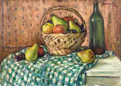 Gheorghe Ionescu Sin, Natură statică cu fructe și sticlă de vin, 1943, ulei pe carton