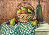 Gheorghe Ionescu Sin, Natură statică cu fructe și sticlă de vin, 1943, ulei pe carton