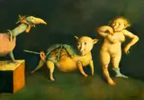 Georges Mazilu, La poule, le chat et la femme, acrilic pe pânză