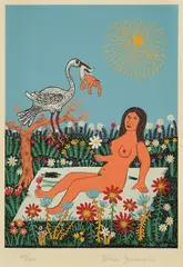 Josip Generalić, The Stork Brings Children, serigraphy on paper