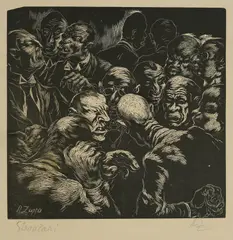 Wanderers by Antun Zuppa, woodcut on paper, sold Feb 2026