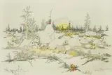 Ivan Lacković Croata, Village at Dusk, 199?., watercolor copper engraving on paper