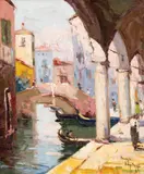 Rudolf Négely, Gondole la Veneția, 1934, ulei pe pânză