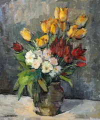 Constantin Mihalcea-Bragă, Lalele și flori de măceș, ulei pe carton