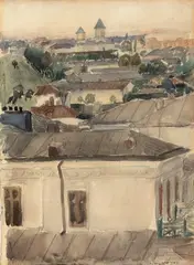 Ștefan Constantinescu, Vedere către Palatul Mogoșoaia, acuarelă și creion pe hârtie