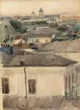 Ștefan Constantinescu, Vedere către Palatul Mogoșoaia, acuarelă și creion pe hârtie