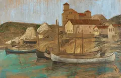 Bărci la Balcic by Alexandru Moscu, pastel și creion pe hârtie lipită pe carton, sold Feb 2026