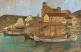 Alexandru Moscu, Bărci la Balcic, pastel și creion pe hârtie lipită pe carton