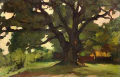 Stejarul din grădină by Petre Remus Troteanu, ulei pe carton, sold Feb 2026