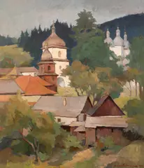 Biserica satului by Honoriu Creţulescu, 1946, ulei pe pânză, sold Feb 2026