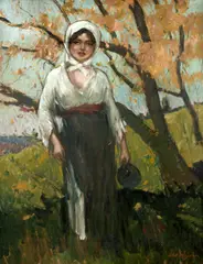 Țărăncuță cu ulcior by Leon Biju, ulei pe carton, sold Feb 2026