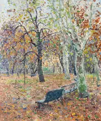 Ghelman Lazăr, Toamnă în Cișmigiu, 1944, ulei pe carton