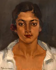 Chivuță cu floare în păr by Apostol Mănciulescu, ulei pe carton, sold Feb 2026