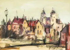 Radu Darânga, Vedere din Oradea, acuarelă și cărbune pe hârtie